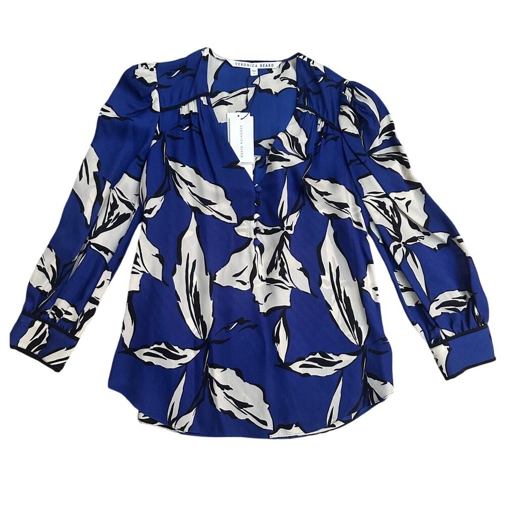 NEW Veronica Beard Milan Blue Ultramarine Floral Printed Silk Blouse, Size 2